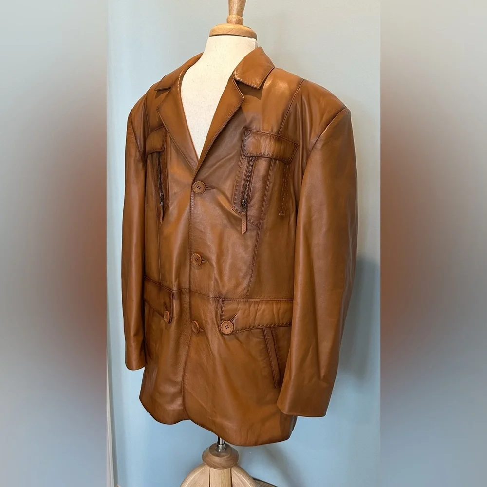 Marcello Sport Buckskin Leather Vintage Sport Jacket detailed Stitching Size XL